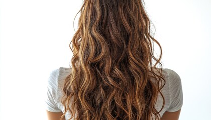 Fototapeta premium Long, wavy brown hair cascading down back. Perfect for haircare, beauty, and fashion websites.