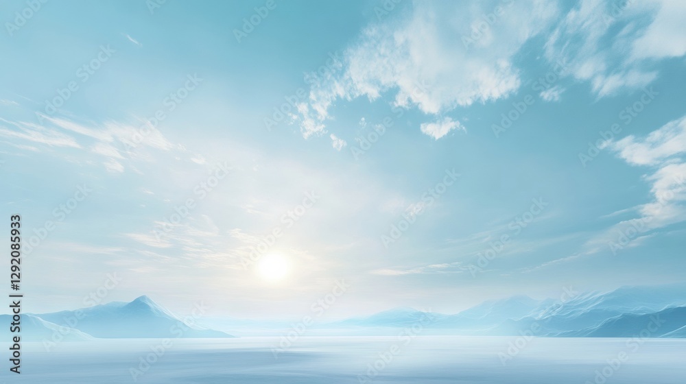 Poster tranquil landscape with soft clouds and gentle sunlight reflecting on serene waters. generative ai