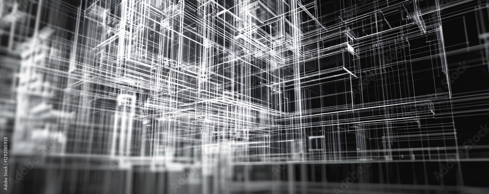 Poster Abstract 3d illustration of white lines forming a complex structure on a black background