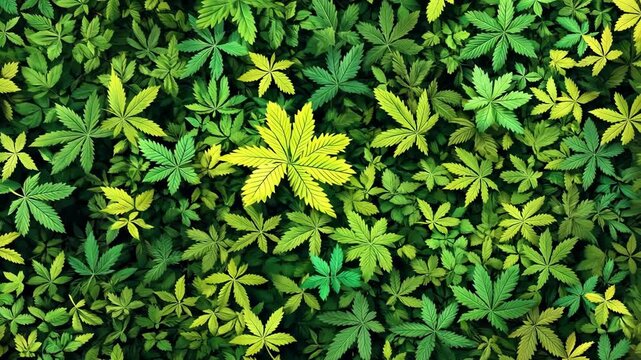 Vibrant display of green and yellow cannabis leaves in a lush natural setting during daylight