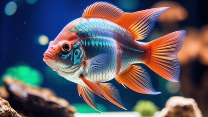 Fototapeta premium Artistic illustration of a colorful fish swimming in an aquarium with copy space