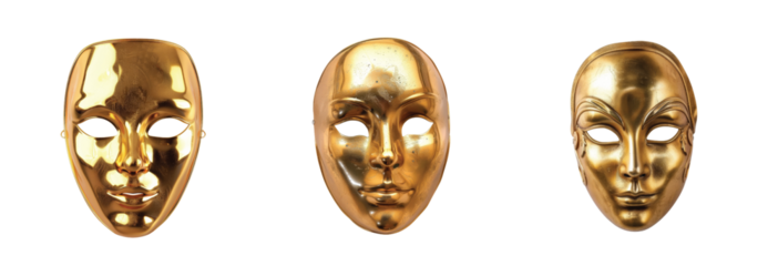 Three gold metallic masks with varied expressions and shiny surfaces displayed side by side