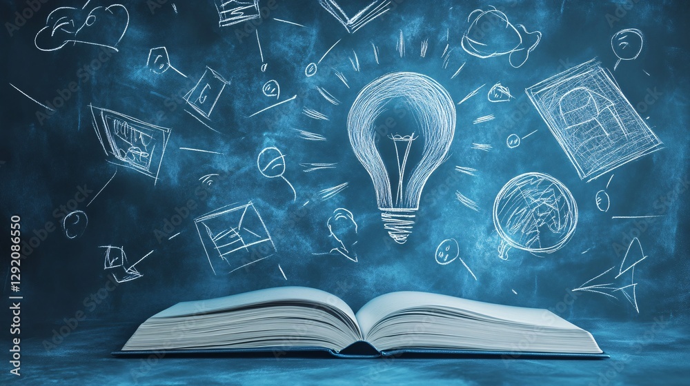 Poster open book generating ideas with light bulb and chalkboard drawings