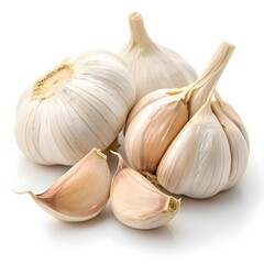 A photograph of four garlic bulbs with a white background, three whole bulbs and one cut in half, 