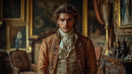 A dashing young man in vintage attire with a confident look against a backdrop of grand classic furniture. Generative AI