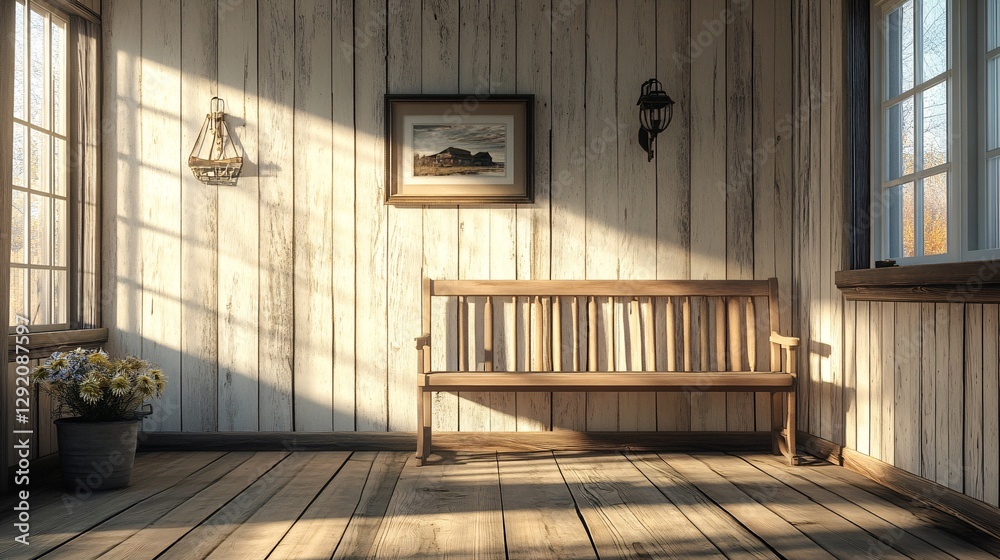 Aufkleber empty wooden bench illuminated by sunlight in rustic room
