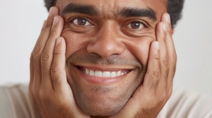 "Photo of a happy, middle-aged African American man smiling widely with hands over face."