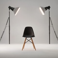 Black Chair illuminated by studio lights on white background.