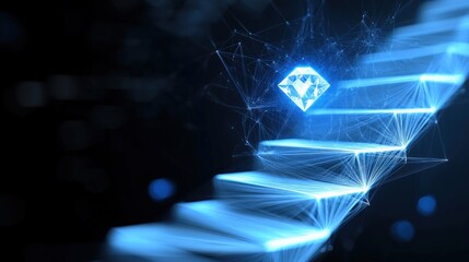 Illuminated digital staircase with floating diamond virtual environment 3d animation futuristic concept top-down view