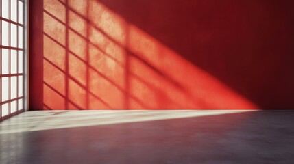 Fototapeta premium Bright sunlight casts long shadows across a vibrant red wall in an empty room with a polished concrete floor during the afternoon