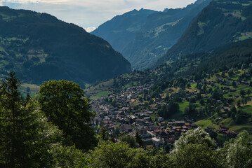 Fototapeta premium Grindelwald is a village in the Bernese Alps of Switzerland, it is known for being the gateway to Jungfrau. Landscape, valley wildflowers and colorful meadows in spring, spectacular Switzerland Alps.