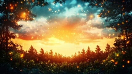 Fototapeta premium Stunning sunset view with vibrant colors and a starry sky over a serene landscape at dusk