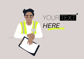 Participating in community outreach, a dedicated volunteer in a reflective safety vest examines notes on a clipboard, ready to assist others during the event