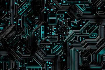 Abstract close-up of a glowing blue digital circuit board, showcasing intricate connections and technological design on a black background.
