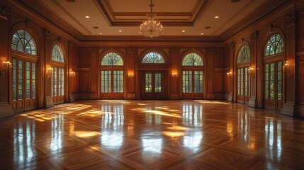 Elegant Ballroom with Grand Windows and Chandelier Lighting. Generative AI