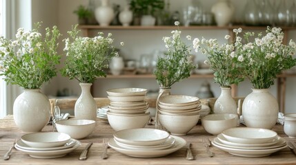 A minimalist dining table with delicate flower arrangements and modern ceramic dishware. Generative AI