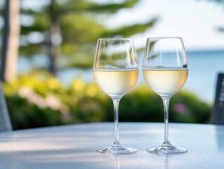 two glasses of white wine on a table outdoors