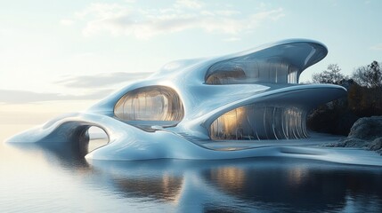 Sculptural Metallic Building with Flowing Reflective Surfaces. Generative AI