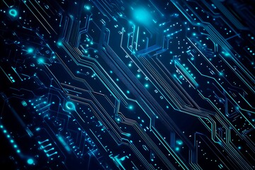 Abstract close-up of a glowing blue digital circuit board, showcasing intricate connections and technological design on a black background.
