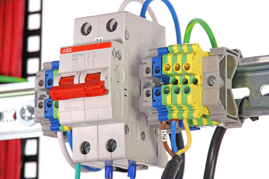 ABB SDH 202 40A electric switch with red handle for turning on equipment in the Middle Atlantic telecommunications rack. 