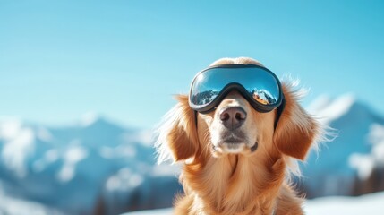 Golden Retriever dog wearing Ski Goggles in Snowy Landscape