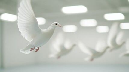 white dove flying in a bright room.
