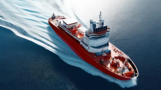 Offshore supply vessel cruising through deep blue ocean aerial view showing the power of marine transport