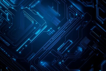 Obraz premium Abstract close-up of a glowing blue digital circuit board, showcasing intricate connections and technological design on a black background. 