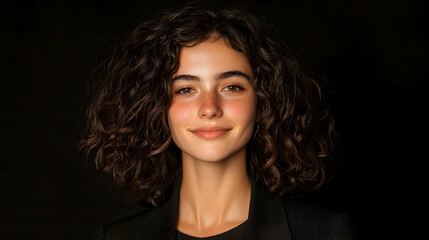 Fototapeta premium Confident woman, curly hair, dark background, studio portrait, professional headshot