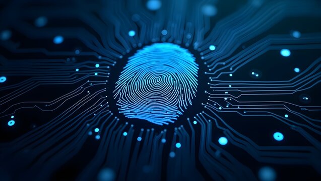 Photograph of a highly detailed, blue and black circuit board with a central fingerprint sensor, surrounded by numerous small white and blue LED lights, glowing softly.
