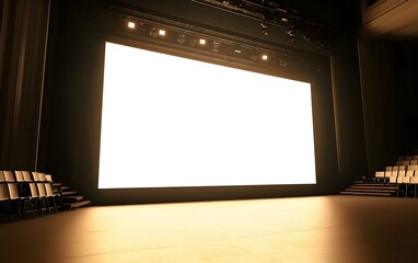  Large white display screen positioned on stage, intended for business presentation exhibits 