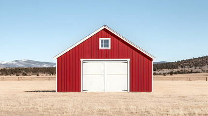 Red barn in rural landscape, mountains in background; rural imagery