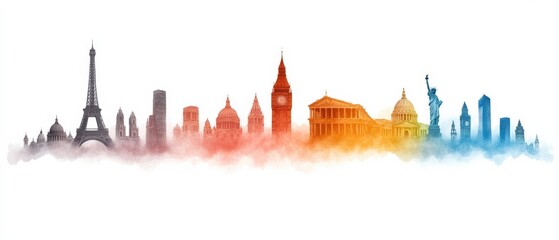 World Skyline with Watercolor Effect
