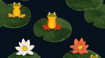 Colorful Frogs on Lilypads with Blossoming Water Lilies in Nighttime