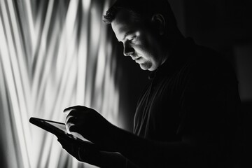 A man uses a tablet in a dimly lit room, the background is blurred and features light streaks.