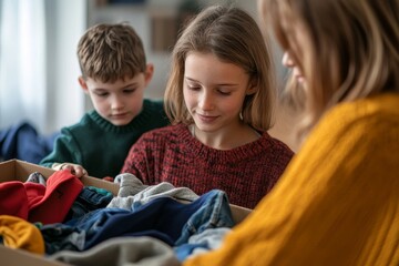 Woman and son sorting clothes and packing into cardboard box. Donations for charity, help low income families, declutter home, sell online, moving moving into new home, recycling, sustainable