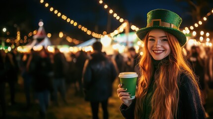 A joyful young girl with red hair wears a leprechaun hat while celebrating St. Patricks Day at an outdoor festival. She holds a green coffee and smiles amidst a lively crowd and festive lights