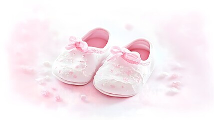 Fototapeta premium Baby-girl pastel pink embroidered shoes adorned with ribbon and scattered petals, newborn card, baby-shower party invitation 
