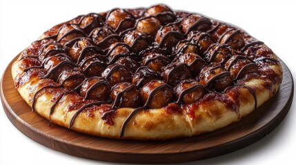 A pizza with donut holes topped with chocolate drizzle on a white isolated background. Generative AI