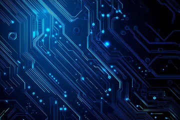 Abstract close-up of a glowing blue digital circuit board, showcasing intricate connections and technological design on a black background.
