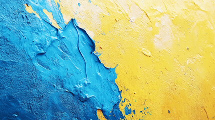 Vibrant art featuring bold strokes of blue and yellow oil paint, creating a textured surface with...