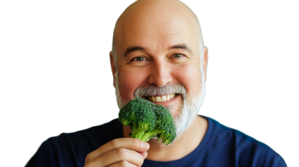 Cheerful Bald Man With Gray Beard Holding Broccoli Transparent Background