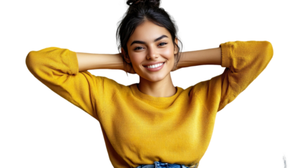 Smiling Woman in Yellow Sweater Relaxing Joyfully Casual Style