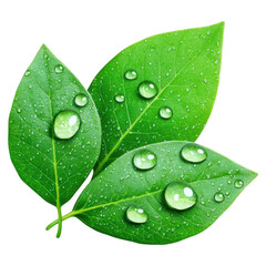 Fresh green leaves with morning dew droplets glistening , isolated on a transparency background