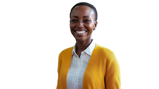 Smiling Professional Woman Yellow Cardigan Transparent Background Confident Portrait - Powered by Adobe