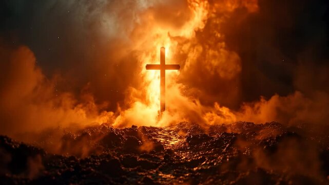 A burning cross surrounded by flames and smoke in a dark setting.