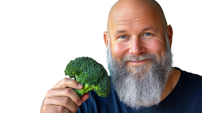 Happy Bald Man With Beard Holding Broccoli Smiling Transparent Background