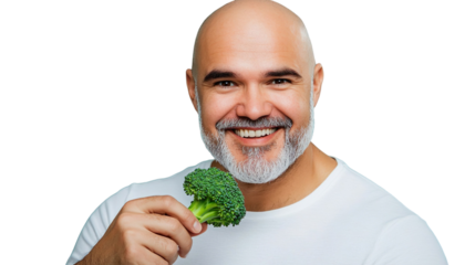 Cheerful Bald Man With Long Beard Holding Fresh Broccoli Transparent PNG