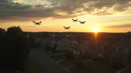 Obraz premium Drones Monitoring Suburban Neighborhood at Sunset