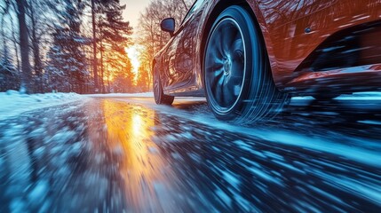 A car's tire spinning rapidly captured in motion as snow and trees blur around it. Generative AI